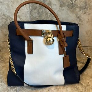 Michael Kors MK large navy white purse bag tote GORGEOUS like new bag